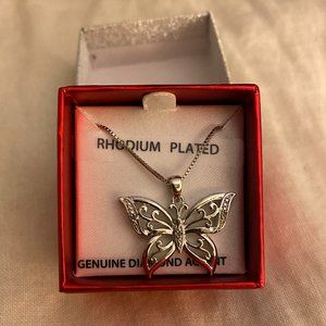 Brand New Butterfly Necklace Rhodium Plated with Genuine Diamond Accents